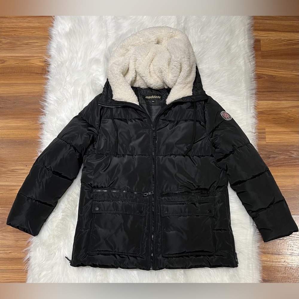 Madden Women’s Black Puffer Jacket hooded multi-jacket POLYESTER warm outerwear